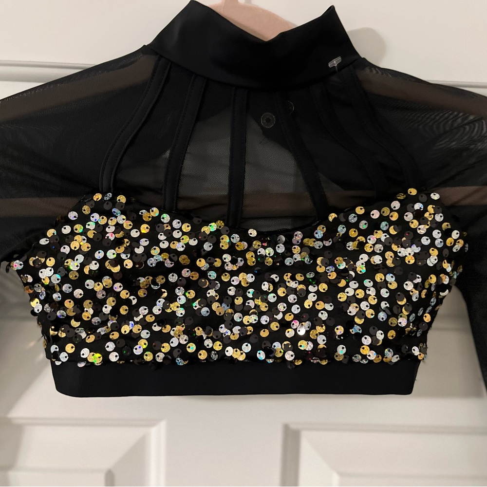 CLEARANCE Weissman NWOT child medium half top black mesh w/ gold sequin costume